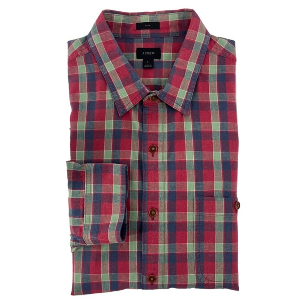 J. Crew Mens Button Down Shirt Light Flannel Red Blue Green Plaid L10628
